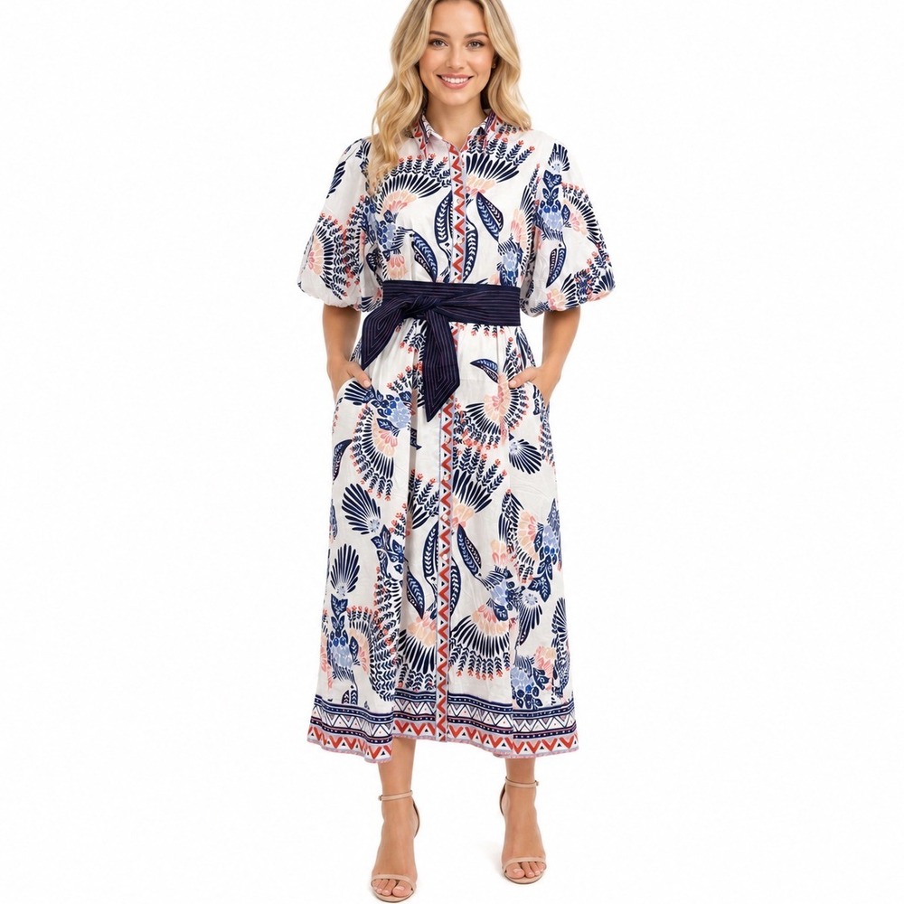 Garrie B Cotton Midi Shirt Dress White Blue Toucan Bird Puff‎ Sleeve Belted